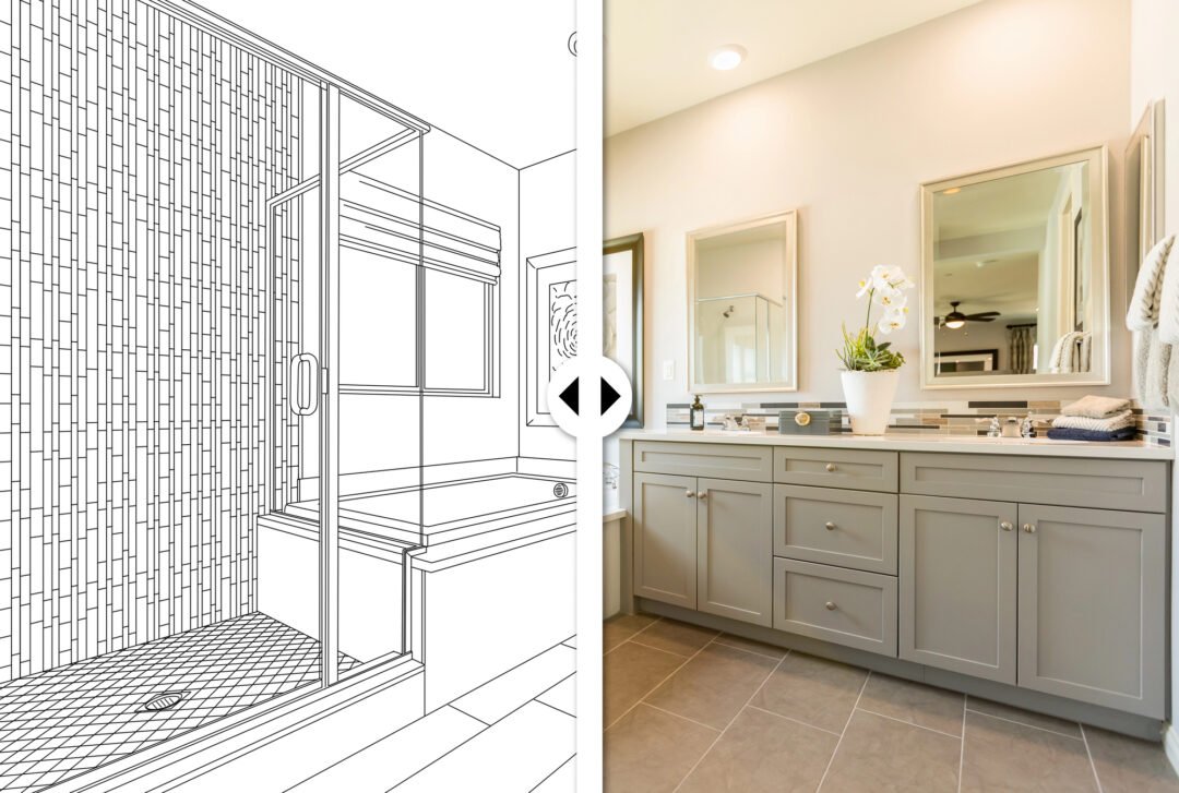 Before-and-after bathroom remodel showing work by bathroom contractors in Longview, with an architectural sketch on the left and a modern dual-sink layout on the right.